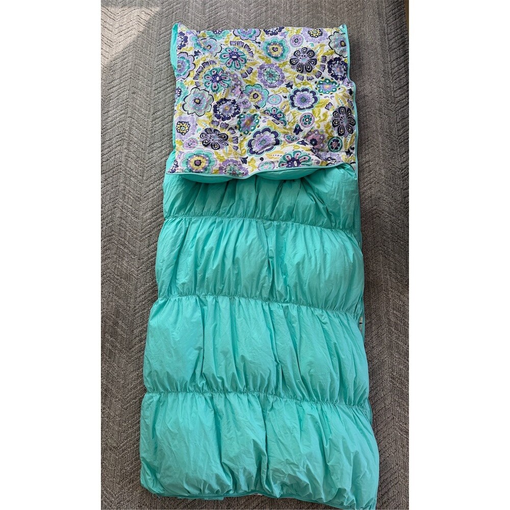 PBteen Pottery Barn Teen Sleeping Bag Teal Aqua Purple Floral Zip 32x75